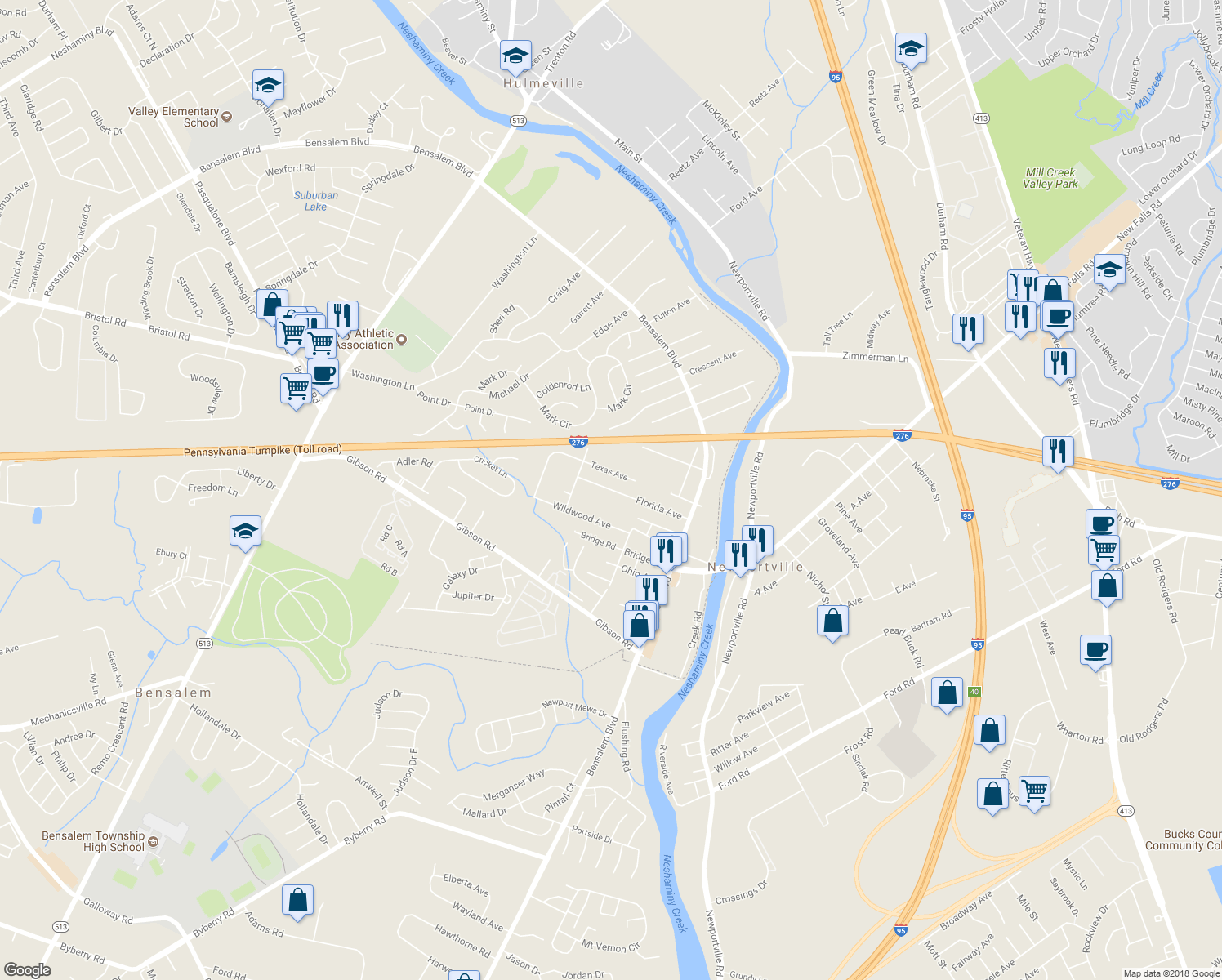 map of restaurants, bars, coffee shops, grocery stores, and more near 1227 Florida Avenue in Bensalem
