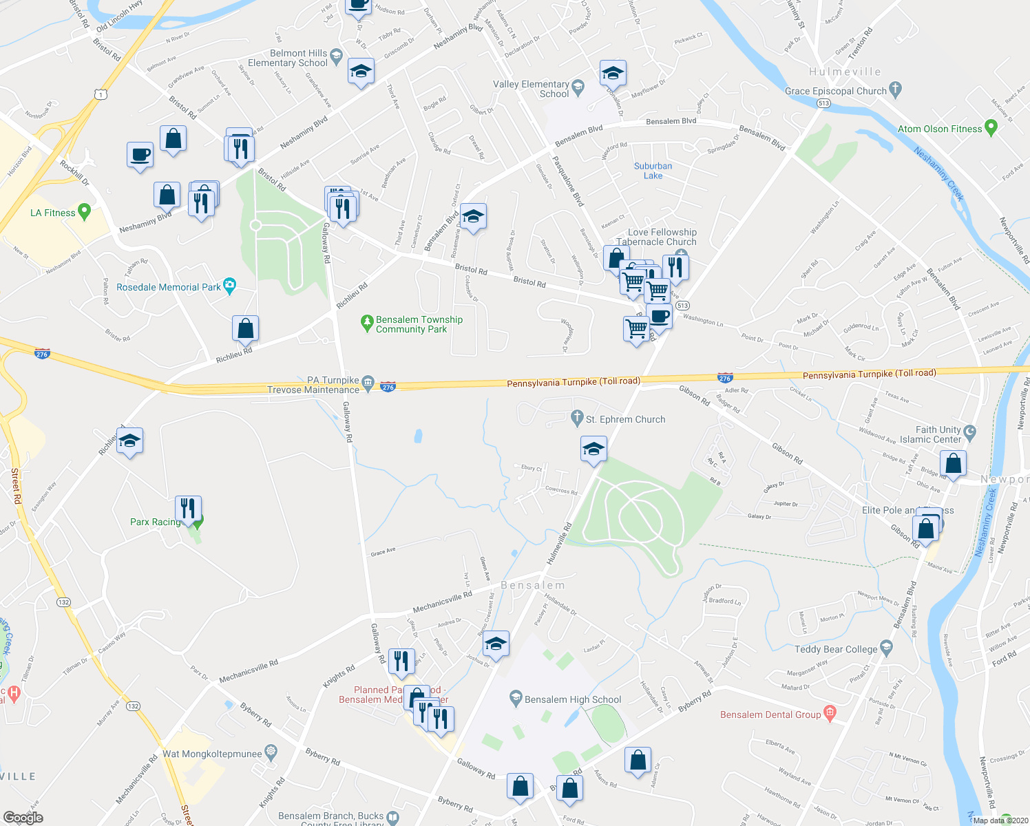 map of restaurants, bars, coffee shops, grocery stores, and more near 132 Liberty Drive in Bensalem