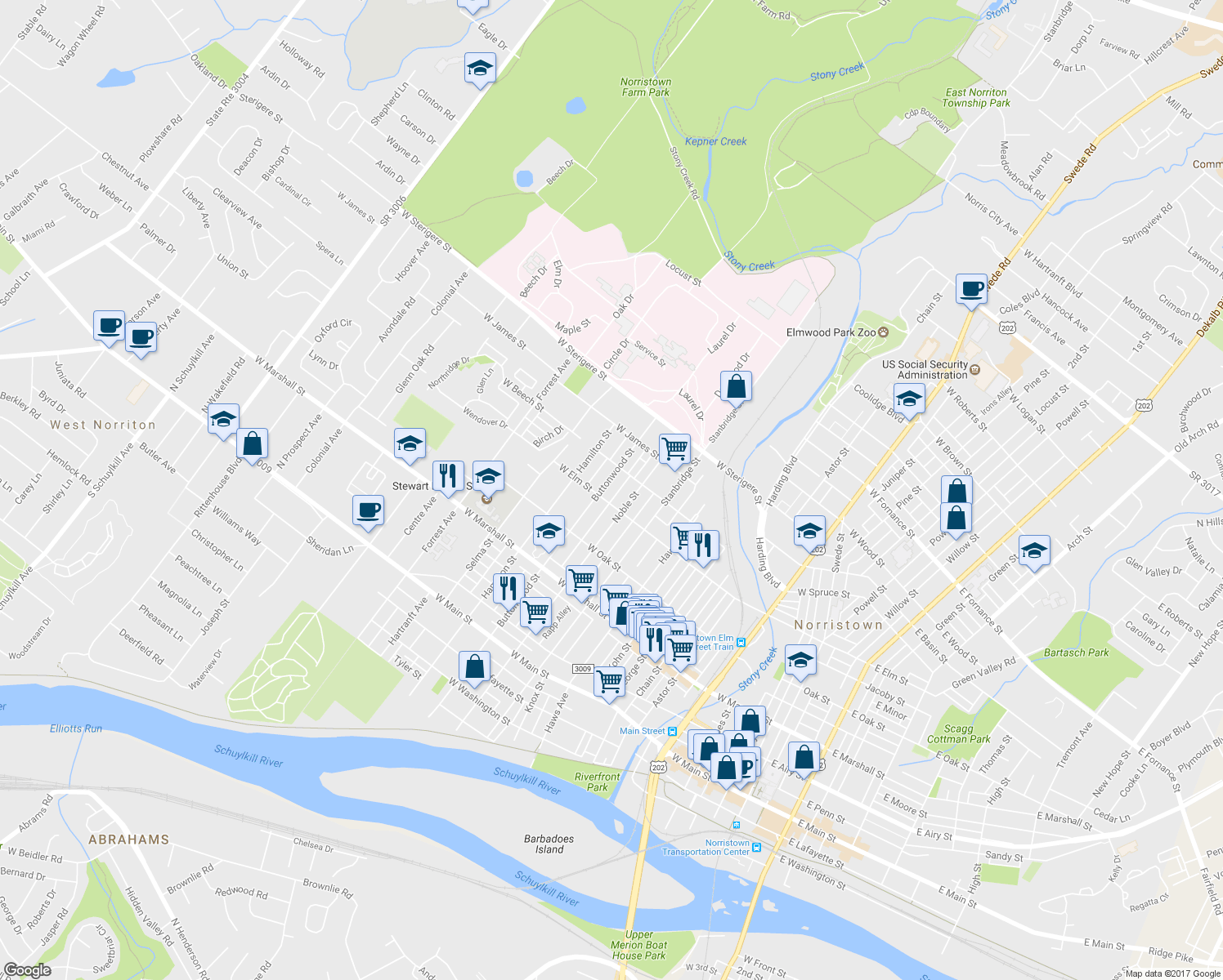 map of restaurants, bars, coffee shops, grocery stores, and more near 808 Buttonwood Street in Norristown