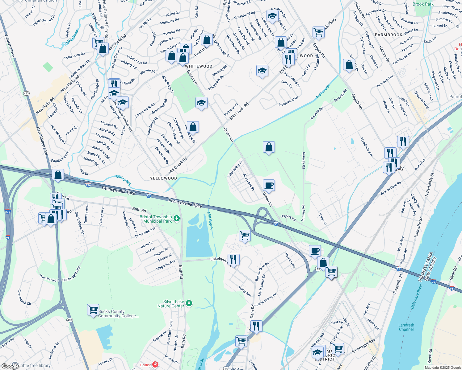 map of restaurants, bars, coffee shops, grocery stores, and more near 2401 Fleetwing Drive in Levittown