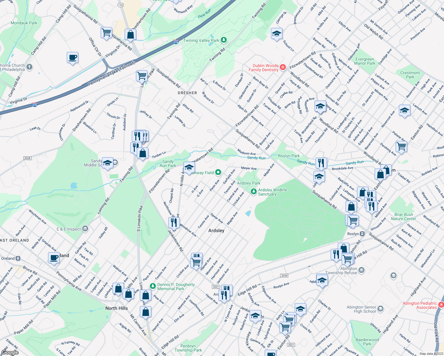 map of restaurants, bars, coffee shops, grocery stores, and more near 947 Penn Ave in Glenside