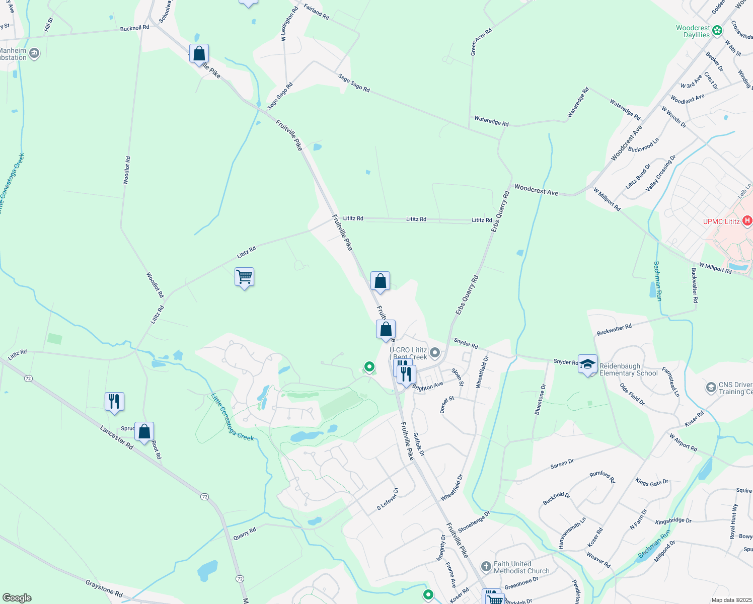 map of restaurants, bars, coffee shops, grocery stores, and more near 955 Fruitville Pike in Lititz