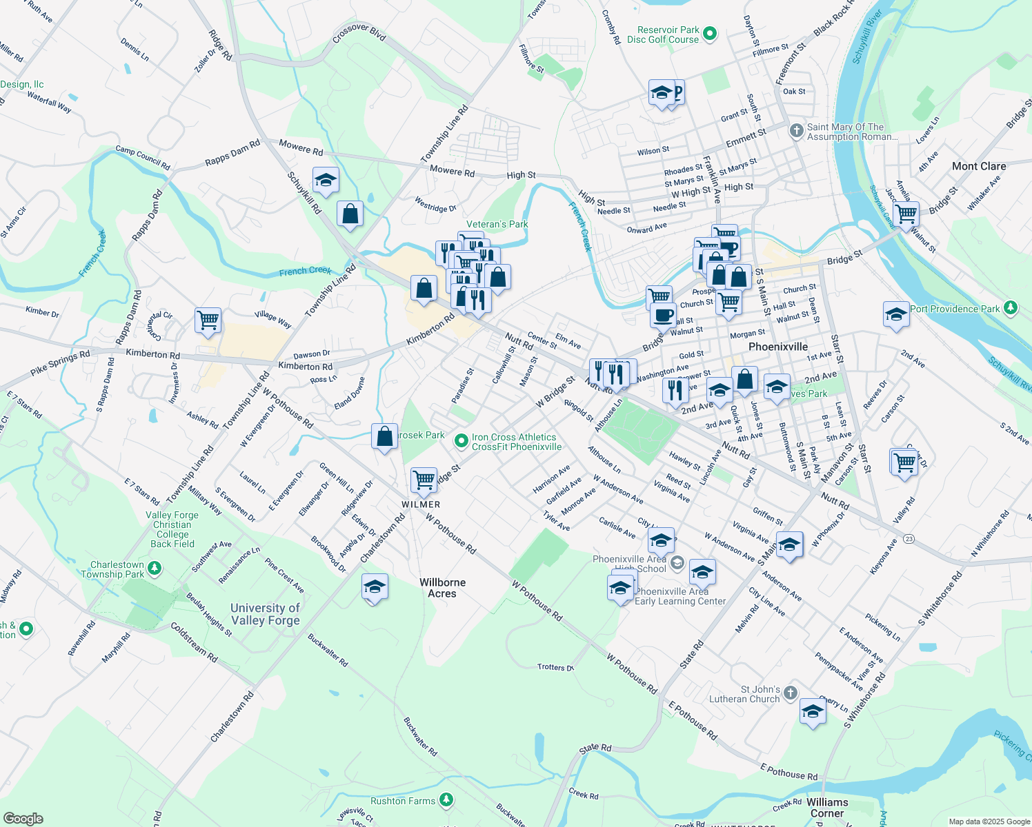 map of restaurants, bars, coffee shops, grocery stores, and more near 927 West Bridge Street in Phoenixville