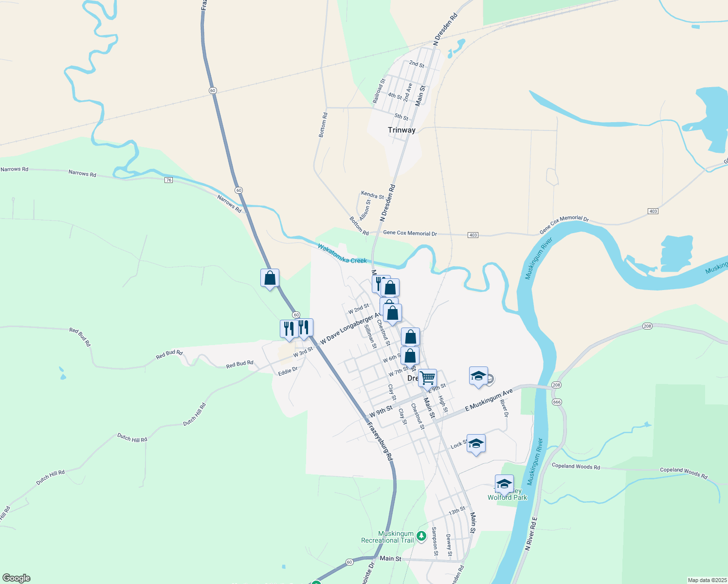map of restaurants, bars, coffee shops, grocery stores, and more near 22 W 1st St in Dresden