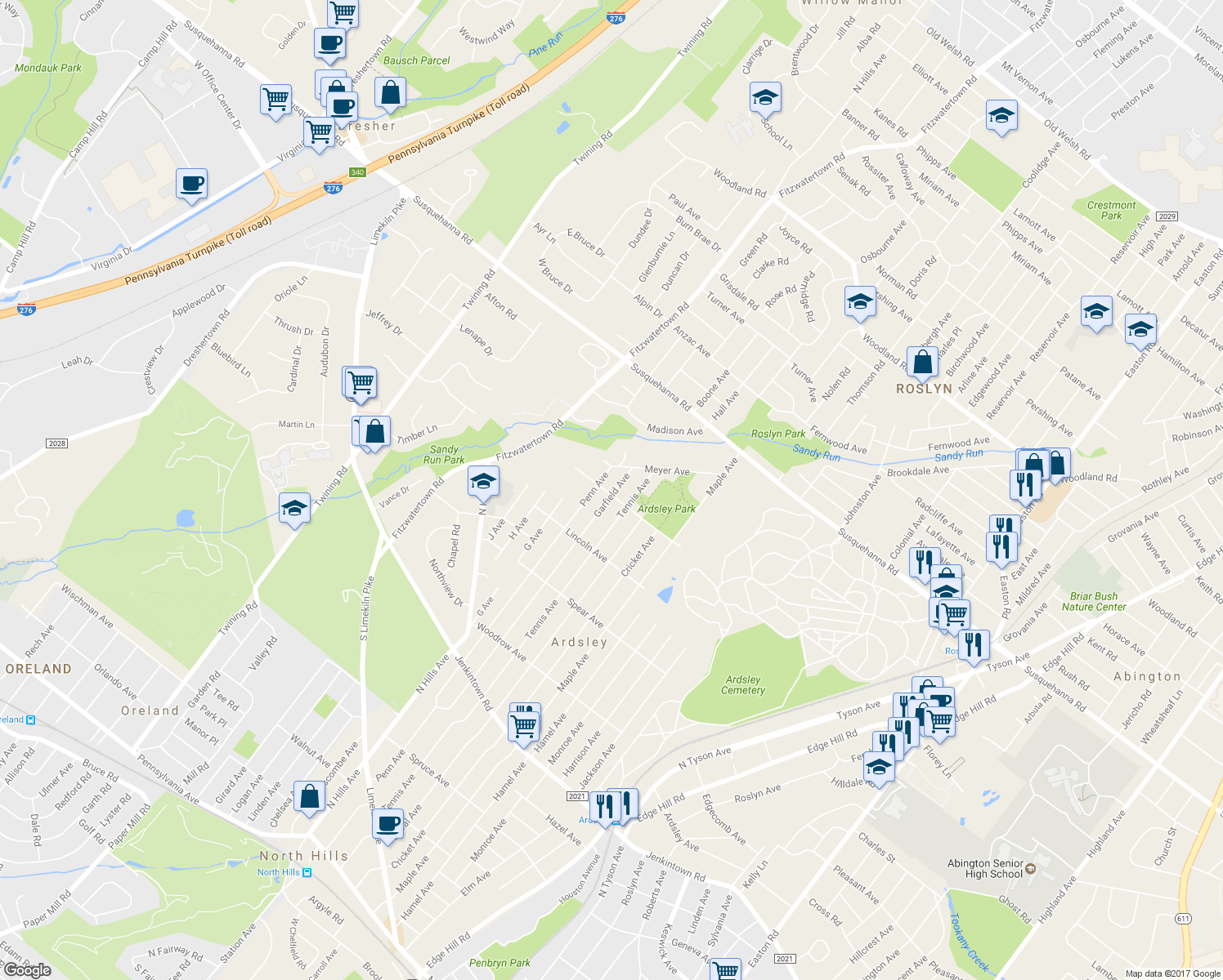map of restaurants, bars, coffee shops, grocery stores, and more near 2943 Jefferson Avenue in Glenside