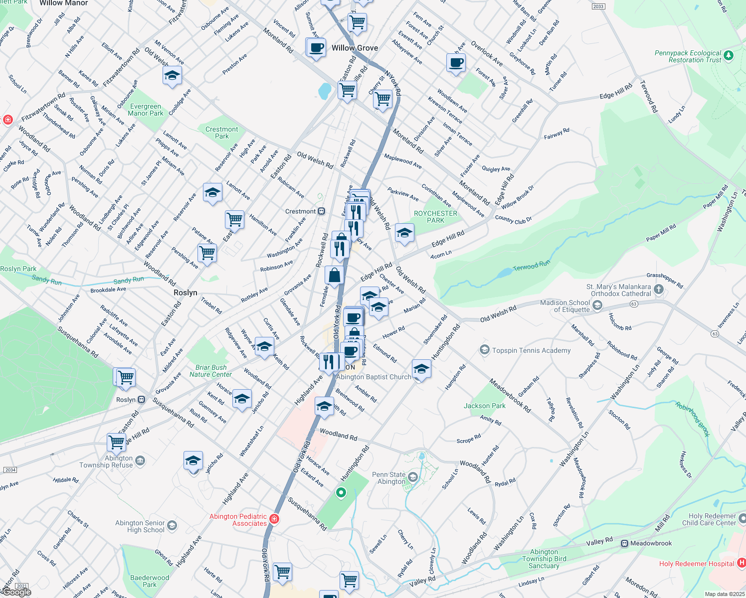 map of restaurants, bars, coffee shops, grocery stores, and more near 1571 Williams Road in Abington