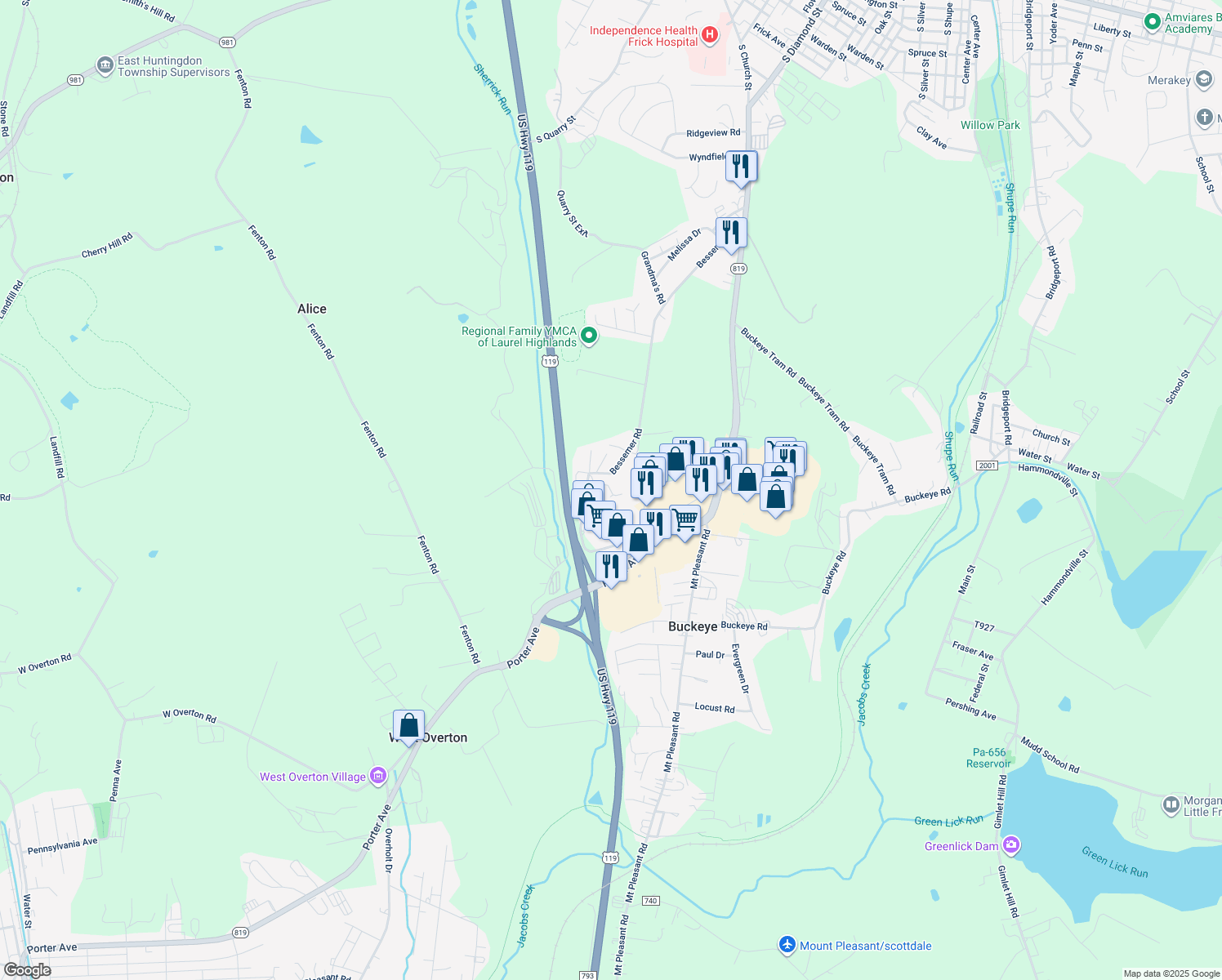 map of restaurants, bars, coffee shops, grocery stores, and more near 340 Bessemer Road in Mount Pleasant
