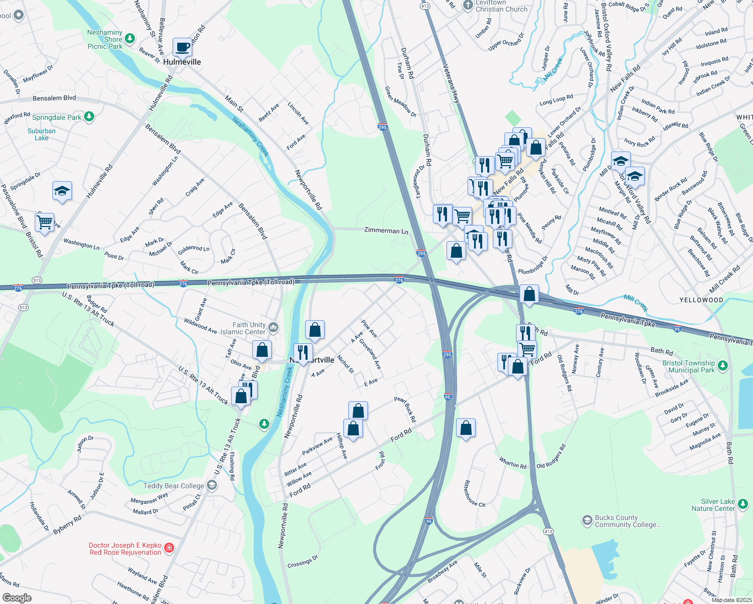 map of restaurants, bars, coffee shops, grocery stores, and more near 2800 New Falls Road in Levittown