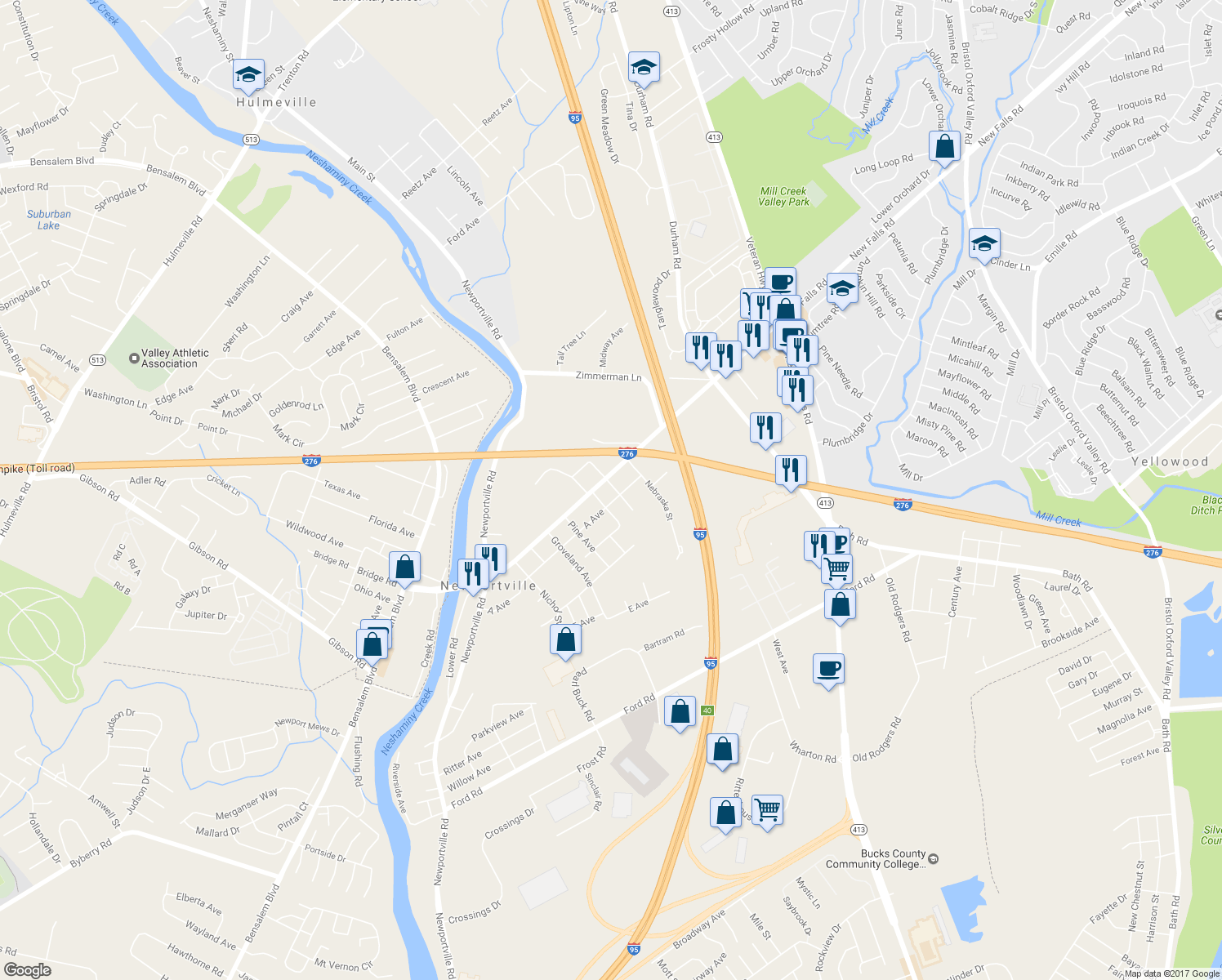 map of restaurants, bars, coffee shops, grocery stores, and more near 4101 Hillside Avenue in Levittown