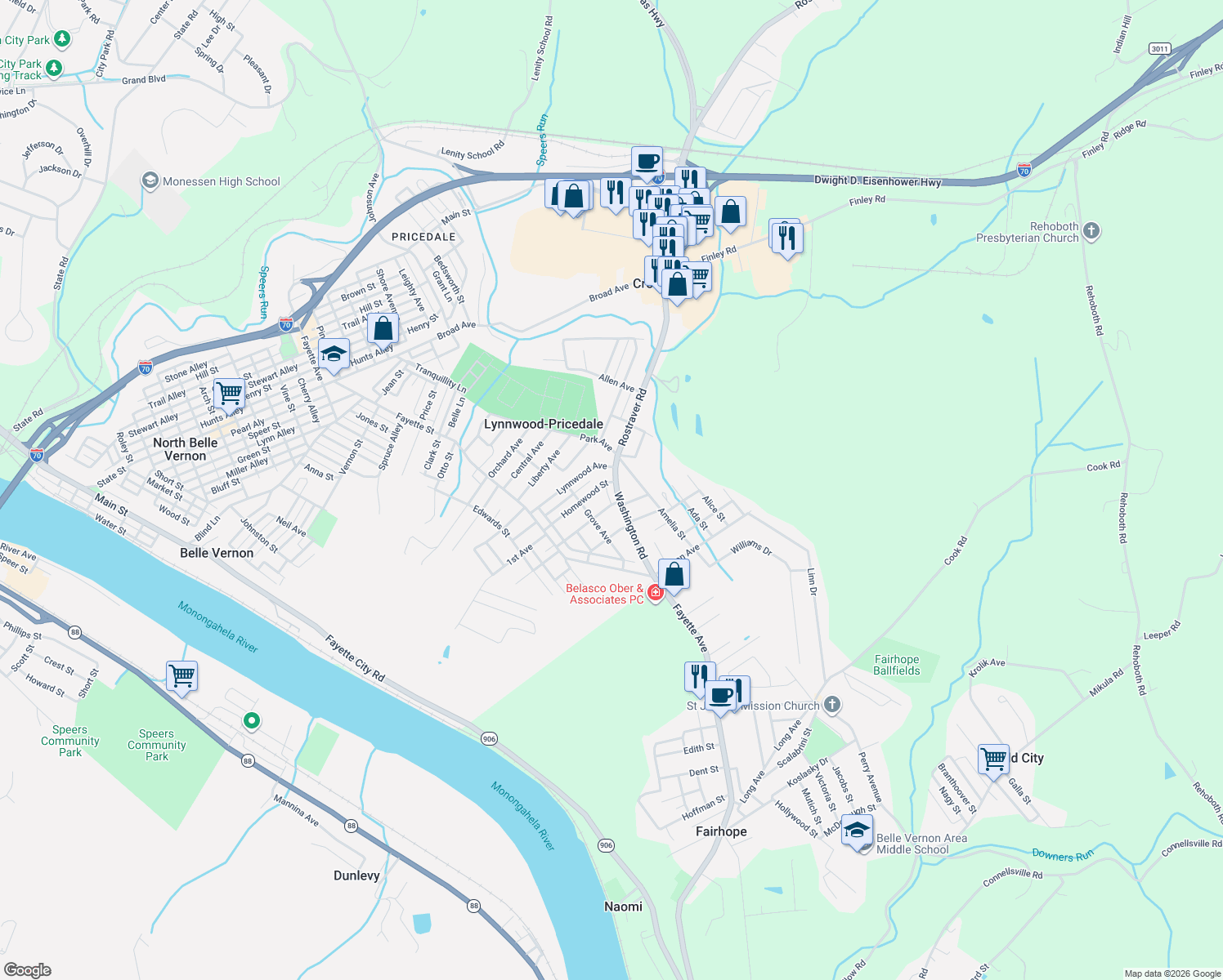 map of restaurants, bars, coffee shops, grocery stores, and more near 806 Washington Road in Belle Vernon