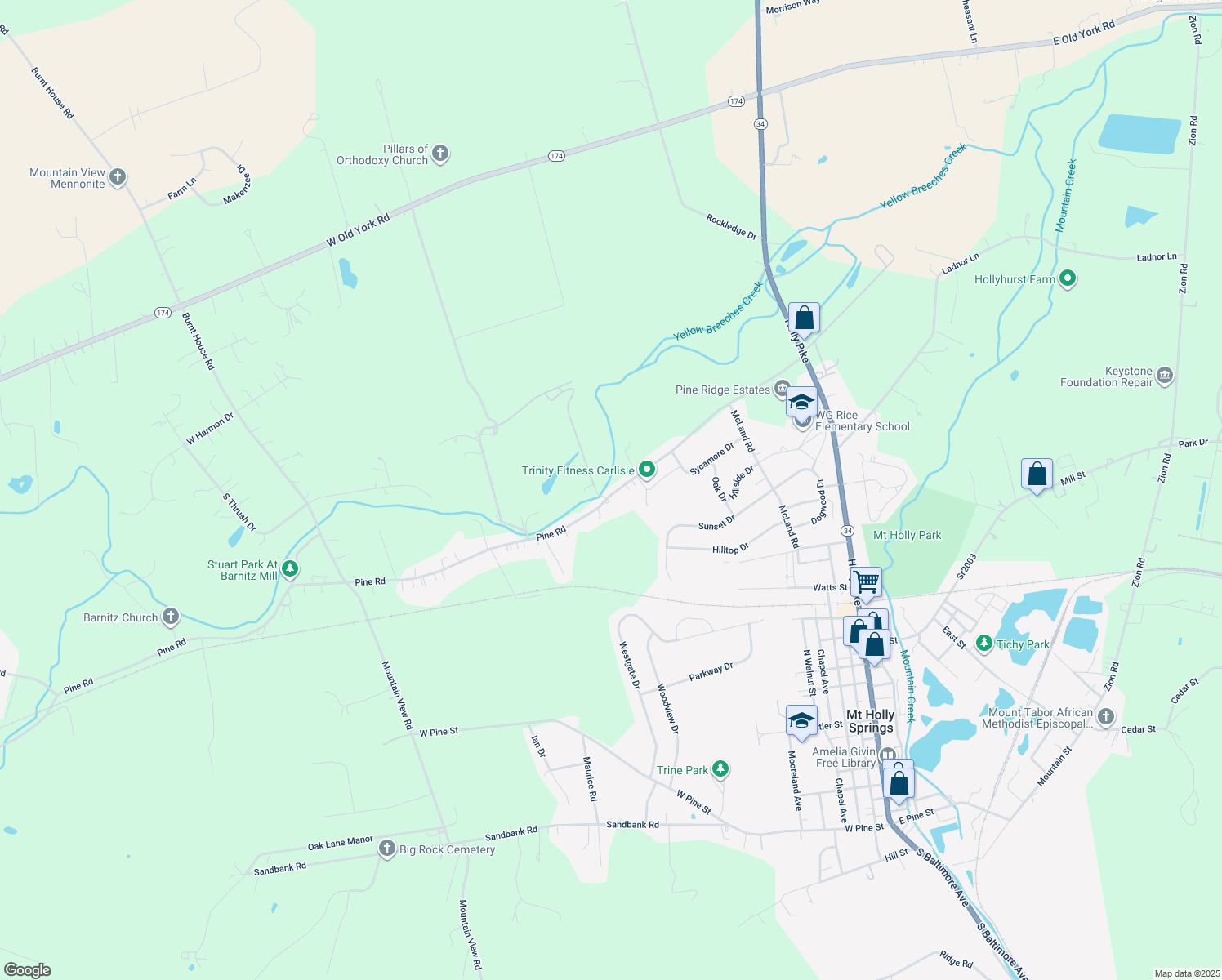 map of restaurants, bars, coffee shops, grocery stores, and more near 226 Pine Road in Mount Holly Springs