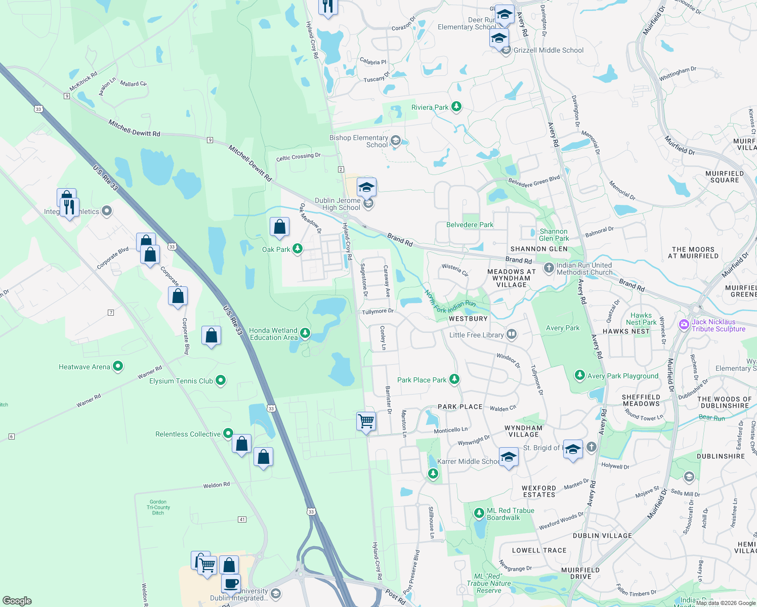 map of restaurants, bars, coffee shops, grocery stores, and more near 6821 Sagestone Dr in Dublin