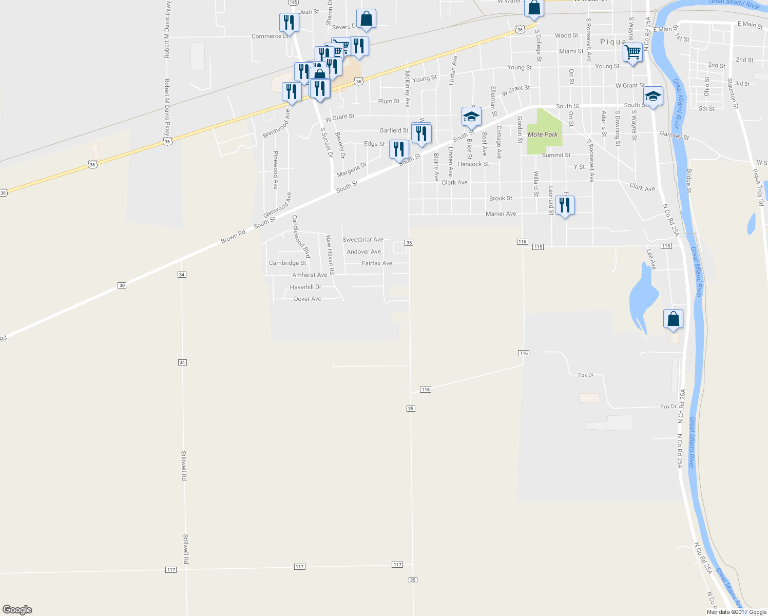 map of restaurants, bars, coffee shops, grocery stores, and more near 1102 Plymouth Street in Piqua