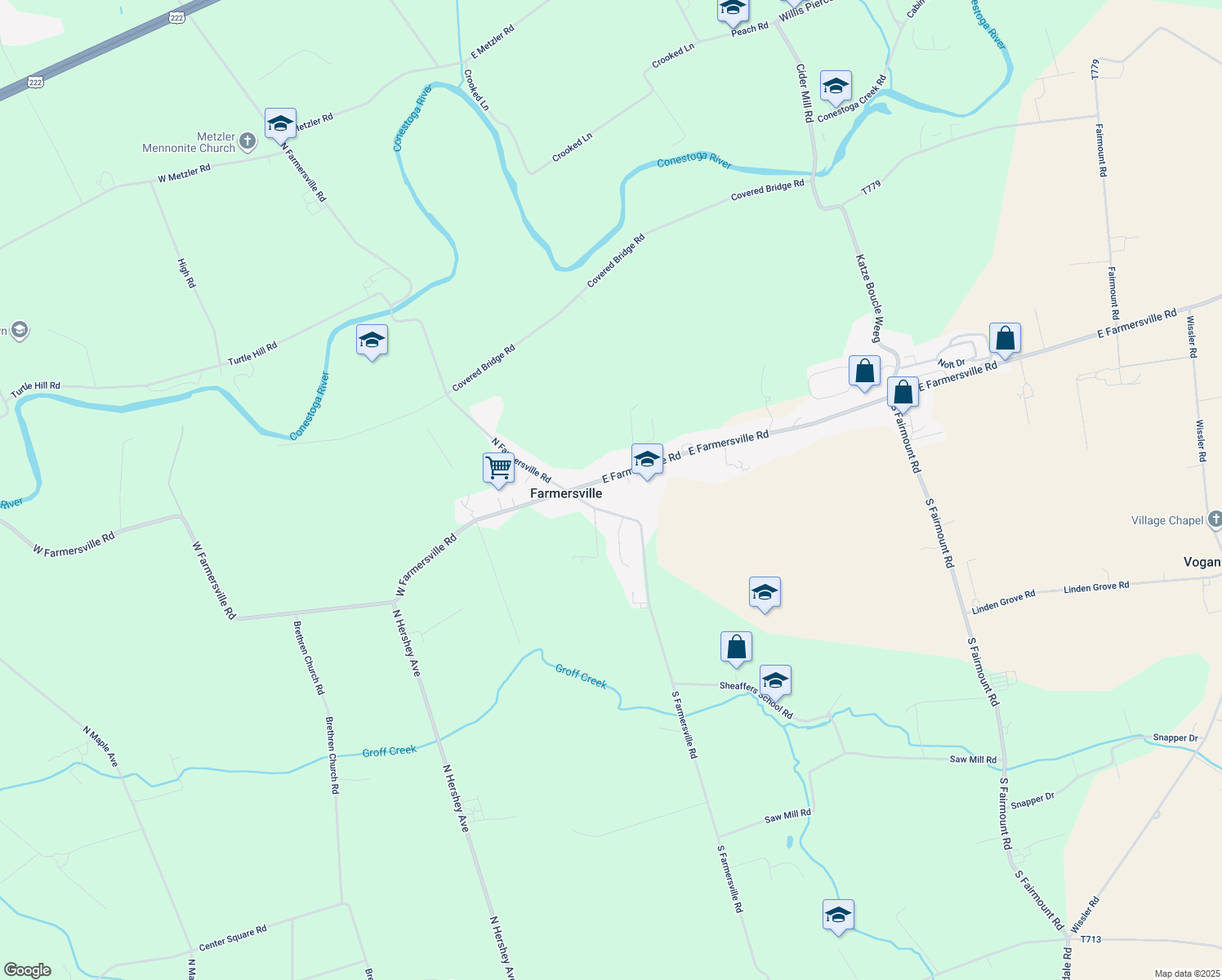 map of restaurants, bars, coffee shops, grocery stores, and more near 33 E Farmersville Rd in Ephrata