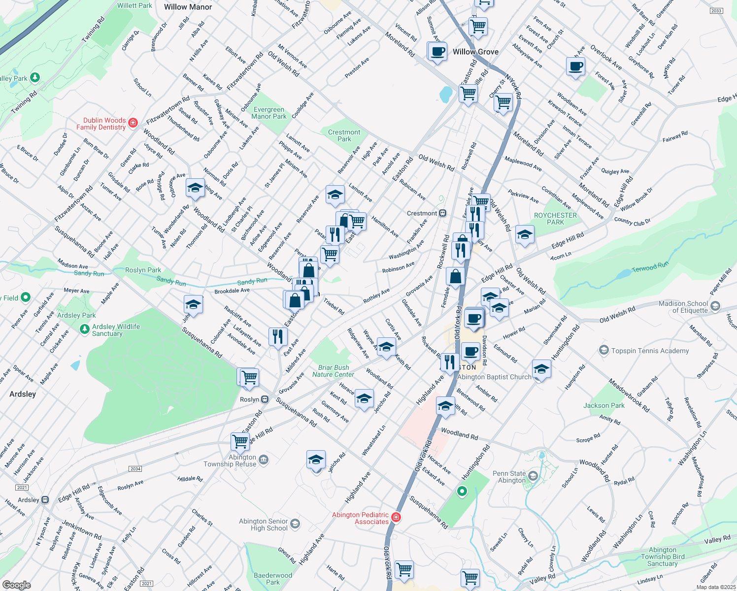 map of restaurants, bars, coffee shops, grocery stores, and more near 1412 Rothley Avenue in Willow Grove