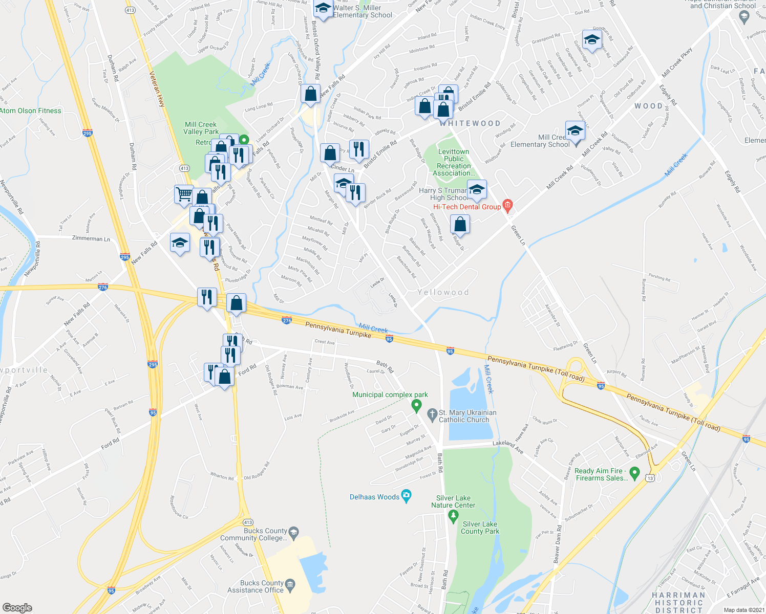 map of restaurants, bars, coffee shops, grocery stores, and more near 112 Pamela Court in Levittown