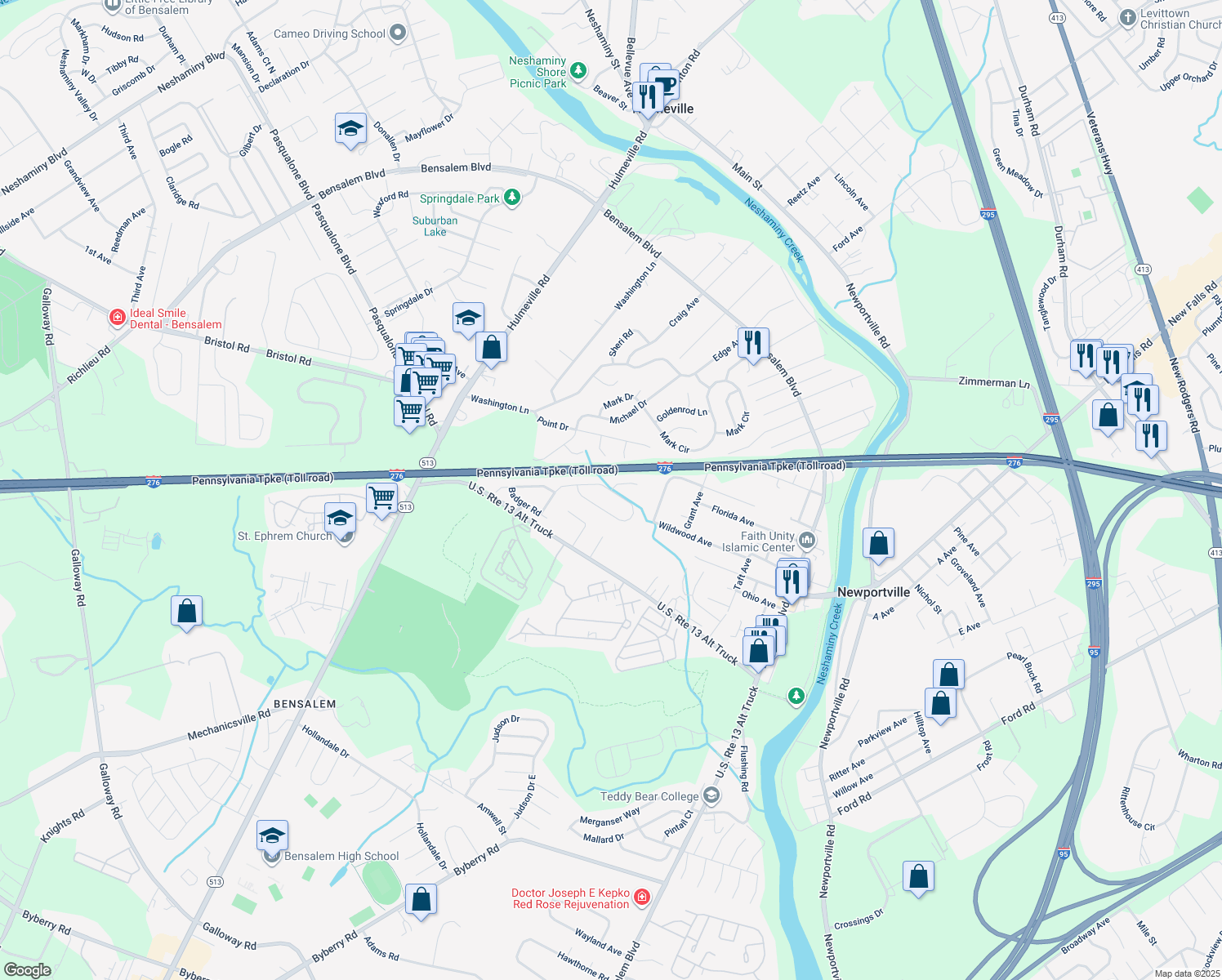 map of restaurants, bars, coffee shops, grocery stores, and more near 1708 Eagen Court in Bensalem