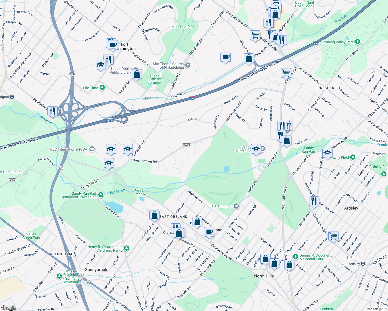 map of restaurants, bars, coffee shops, grocery stores, and more near 425 Dreshertown Road in Fort Washington