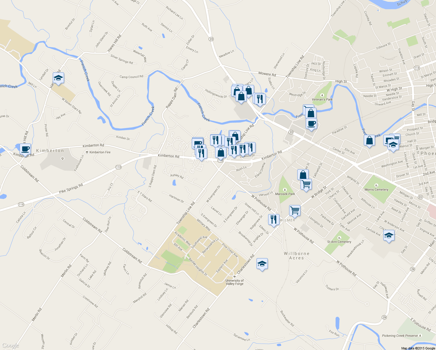 map of restaurants, bars, coffee shops, grocery stores, and more near 1206 Township Line Road in Phoenixville