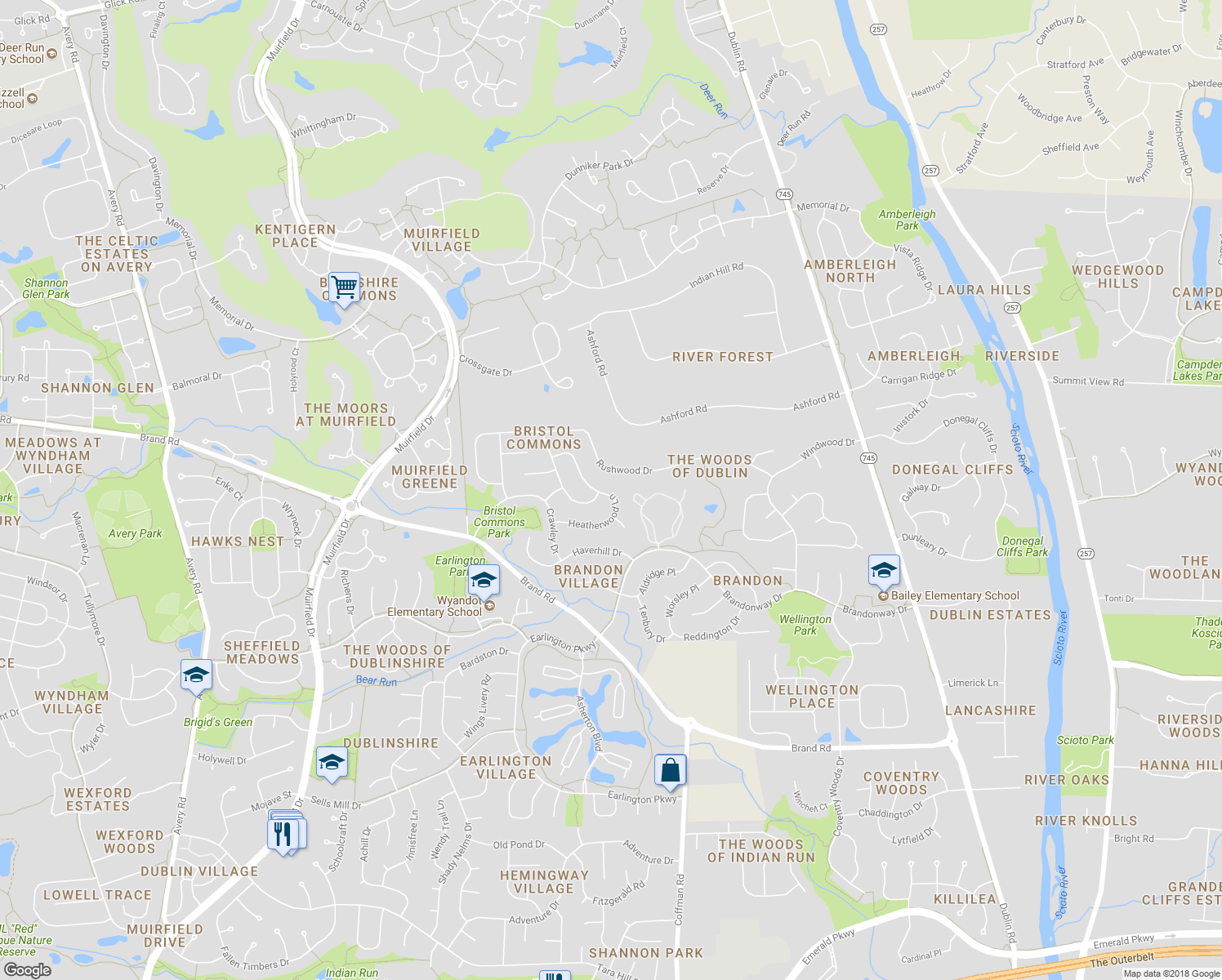 map of restaurants, bars, coffee shops, grocery stores, and more near 7624 Heatherwood Lane in Dublin