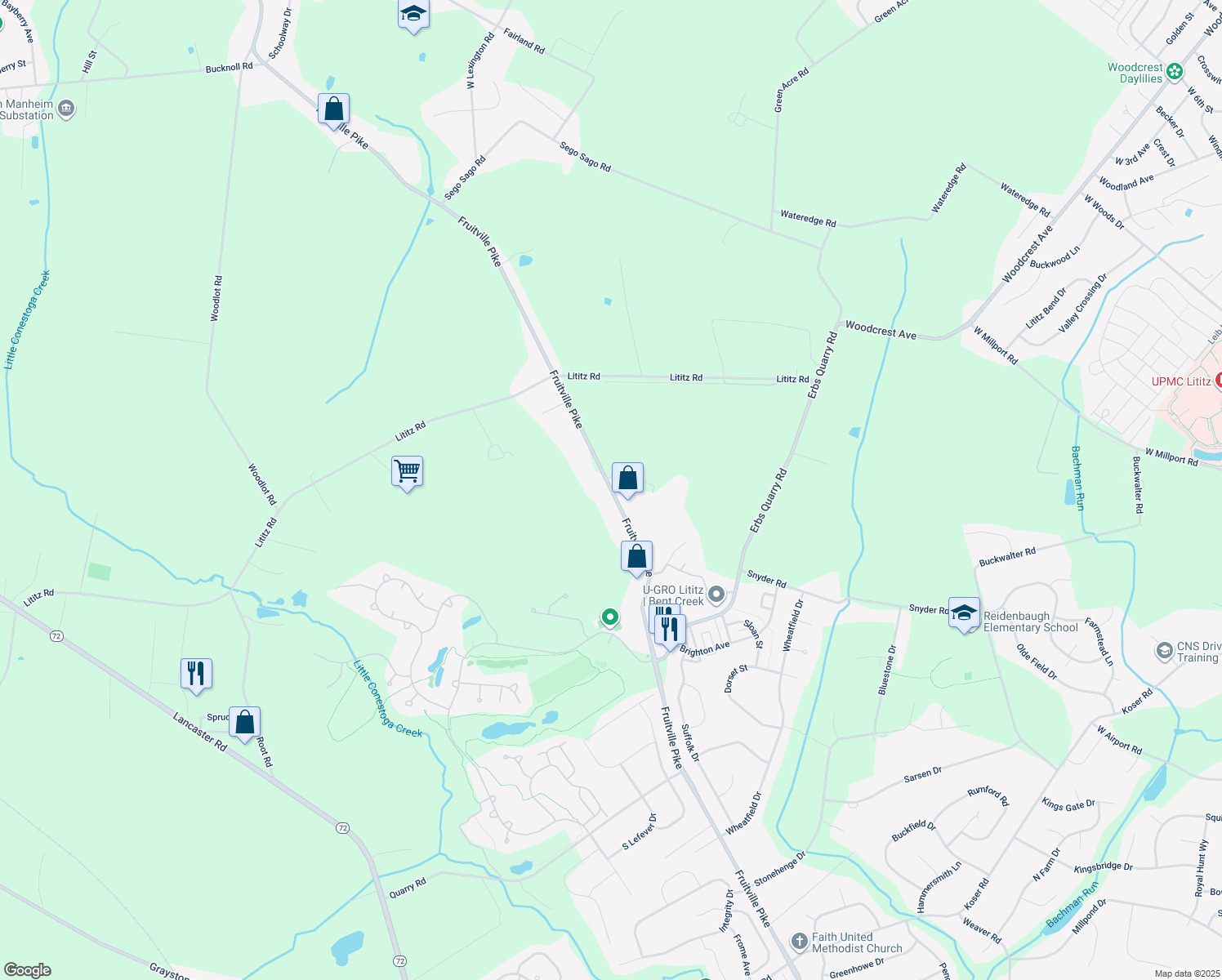map of restaurants, bars, coffee shops, grocery stores, and more near 923 Fruitville Pike in Lititz