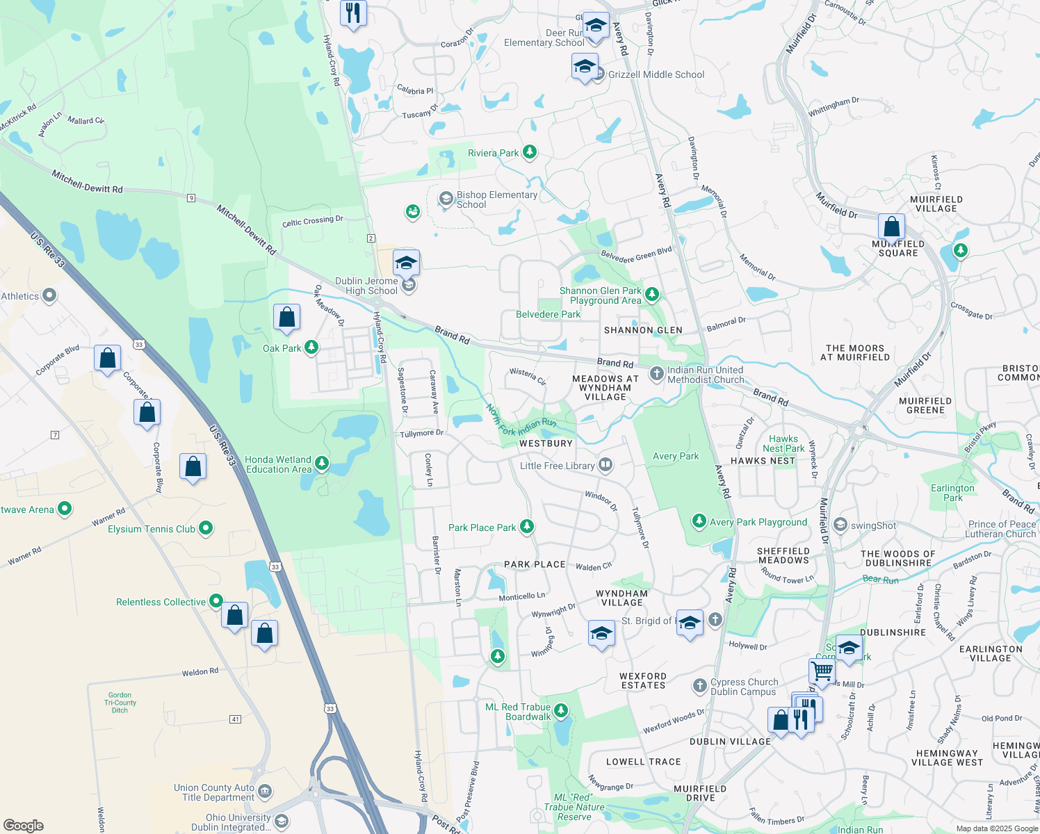 map of restaurants, bars, coffee shops, grocery stores, and more near 7818 Westbury Court in Dublin