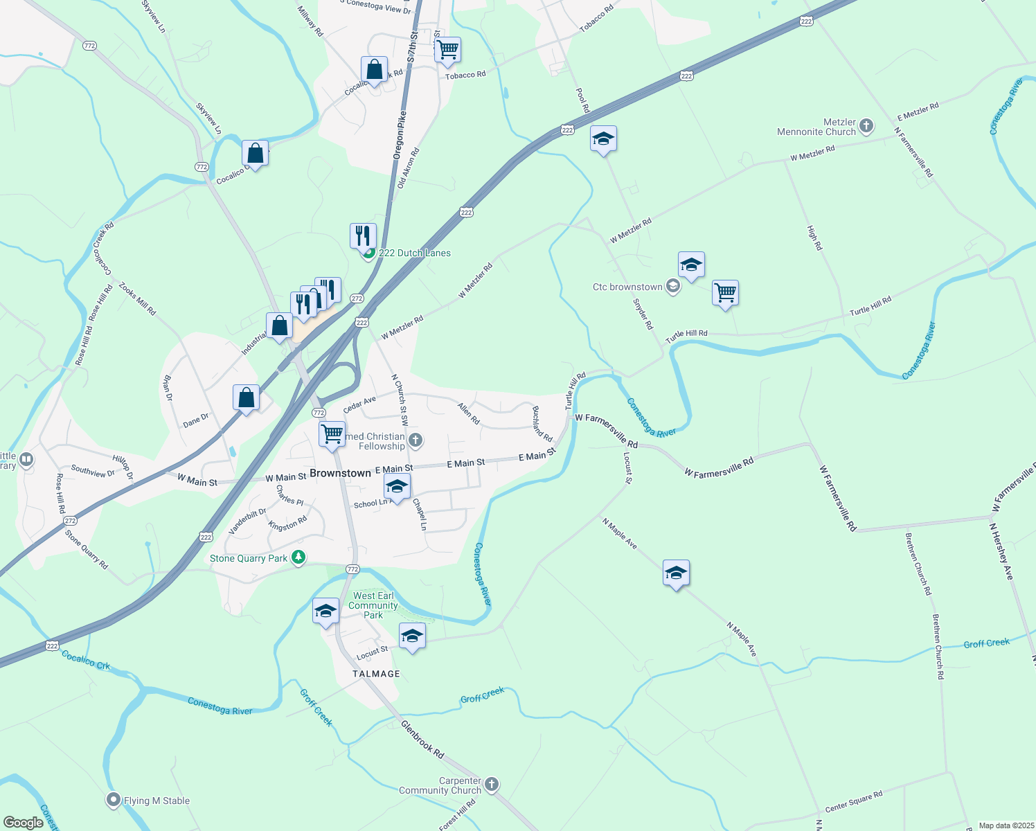 map of restaurants, bars, coffee shops, grocery stores, and more near 84 Buchland Rd in Ephrata