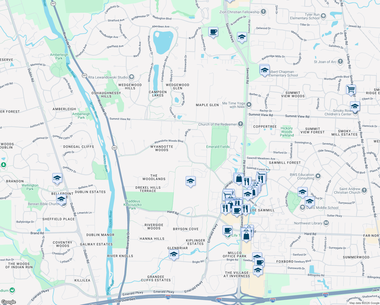 map of restaurants, bars, coffee shops, grocery stores, and more near 4152 Wyandotte Woods Boulevard in Dublin