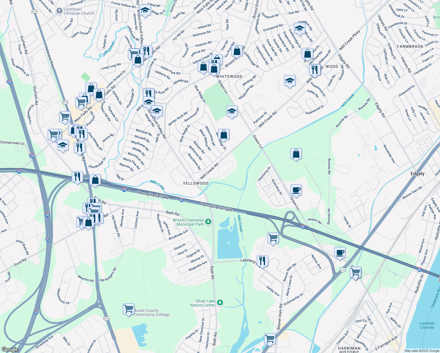 map of restaurants, bars, coffee shops, grocery stores, and more near 46 Yellowood Dr in Levittown