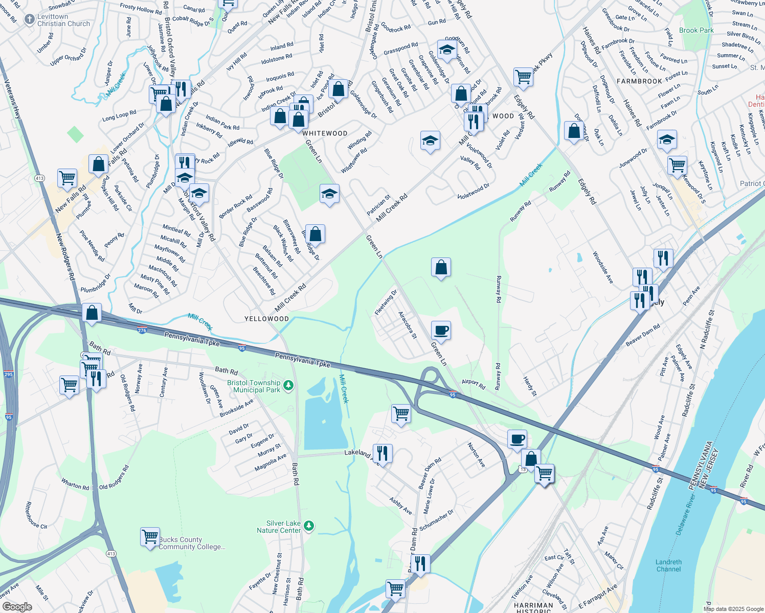 map of restaurants, bars, coffee shops, grocery stores, and more near 5723 Fleetwing Drive in Levittown