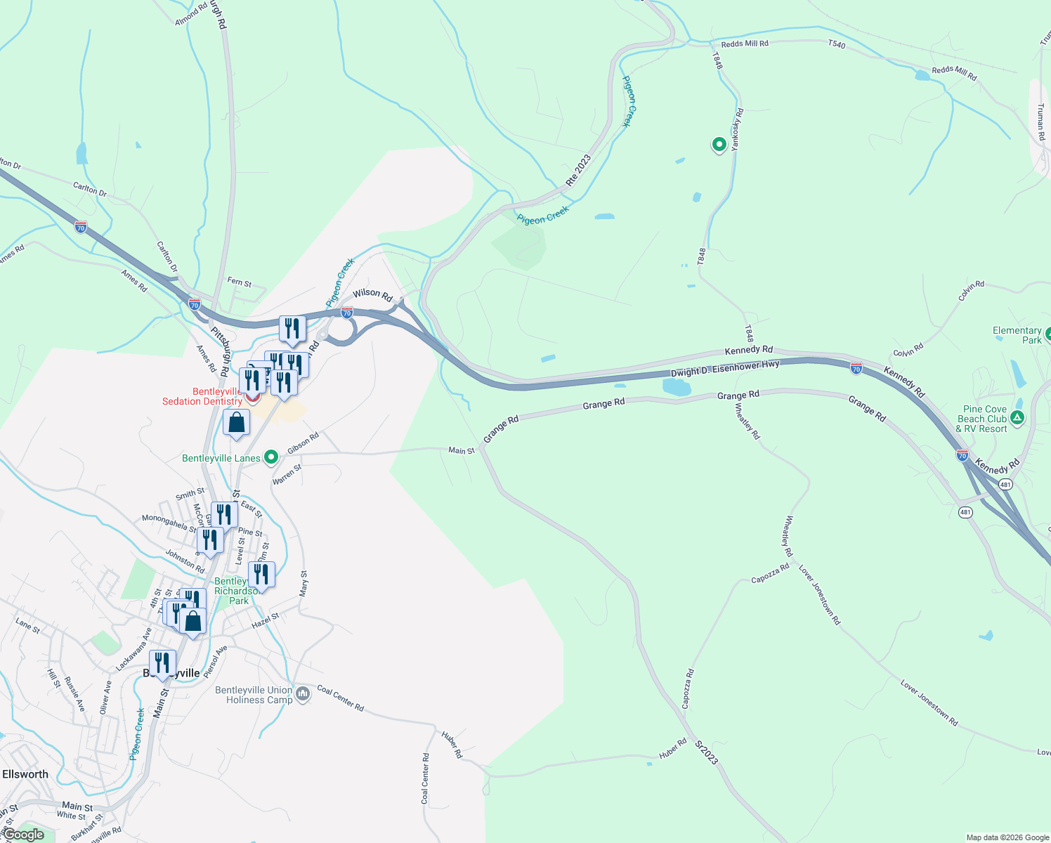 map of restaurants, bars, coffee shops, grocery stores, and more near 1596 Grange Road in Charleroi