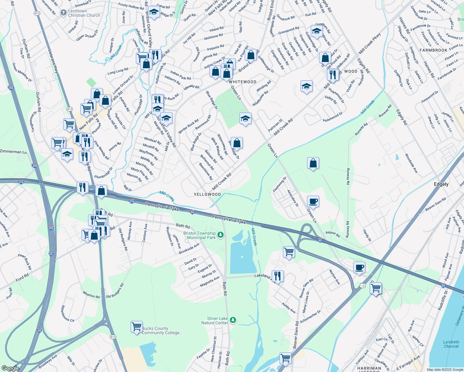 map of restaurants, bars, coffee shops, grocery stores, and more near 6 Young Birch Road in Levittown