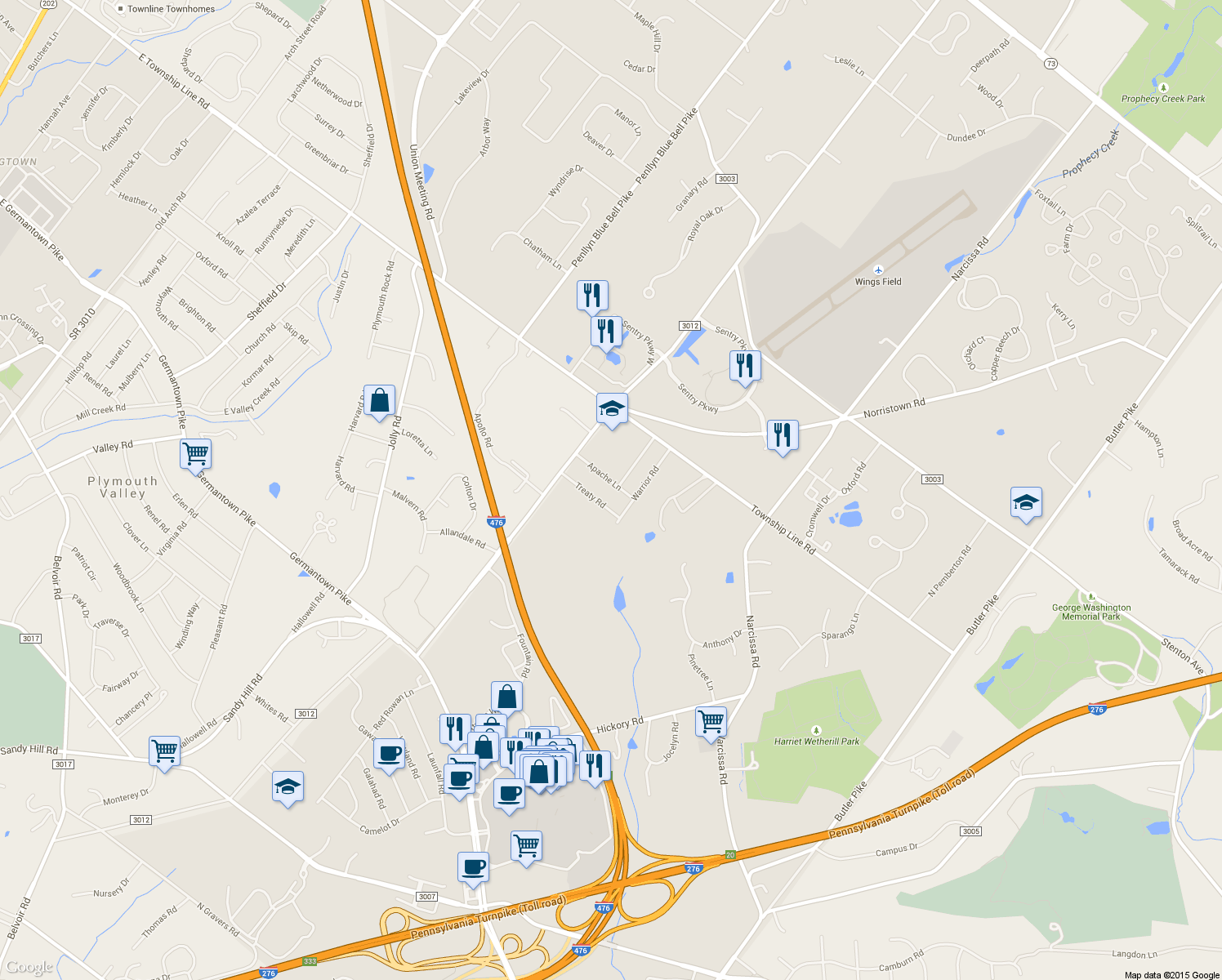 map of restaurants, bars, coffee shops, grocery stores, and more near 616 Apache Lane in Plymouth Meeting