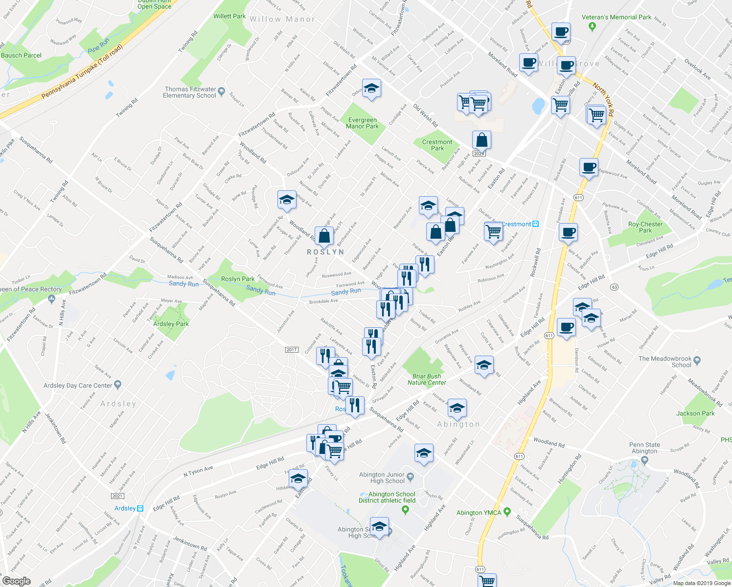 map of restaurants, bars, coffee shops, grocery stores, and more near 2463 Brookdale Avenue in Abington