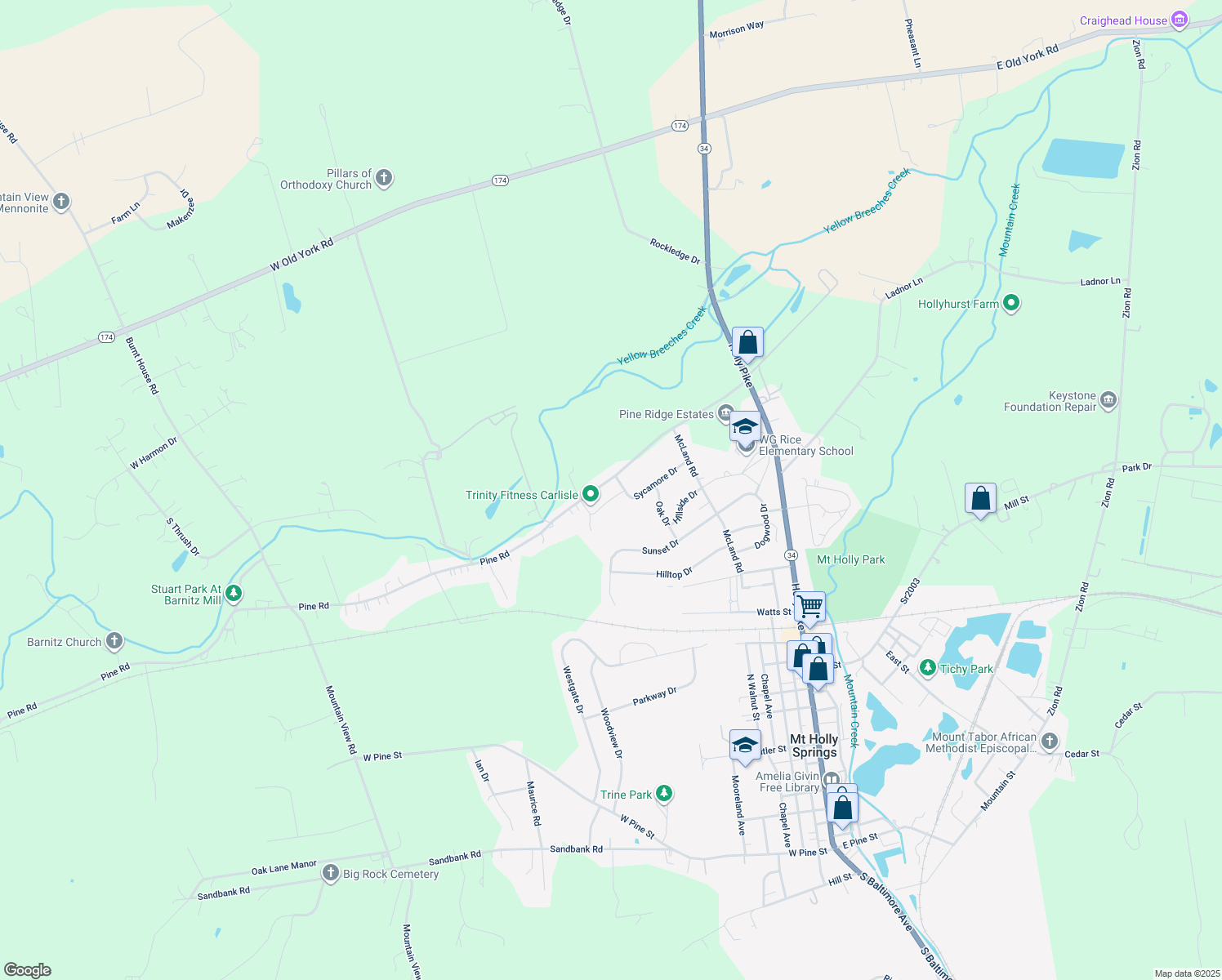 map of restaurants, bars, coffee shops, grocery stores, and more near 205 Pine Road in Mount Holly Springs