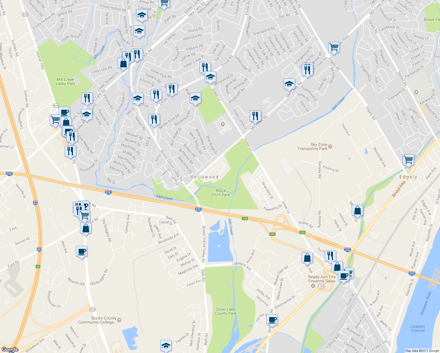 map of restaurants, bars, coffee shops, grocery stores, and more near 50 Yellowood Drive in Levittown
