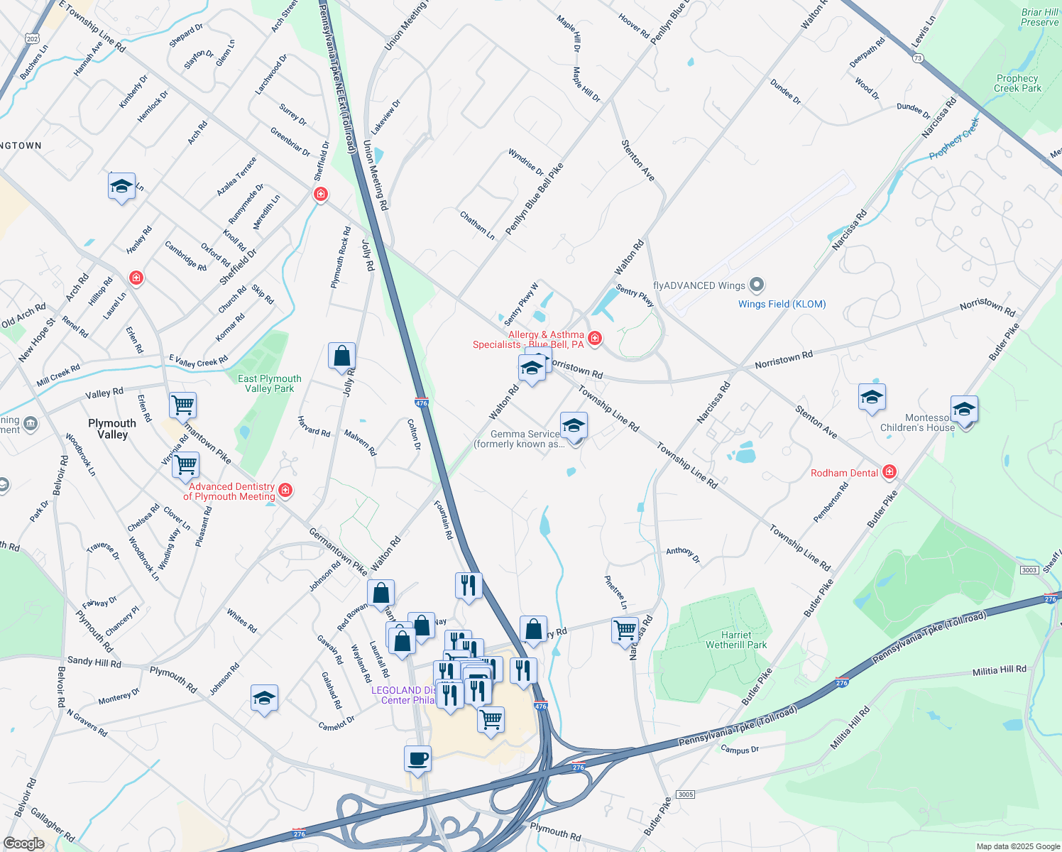 map of restaurants, bars, coffee shops, grocery stores, and more near 612 Apache Lane in Plymouth Meeting
