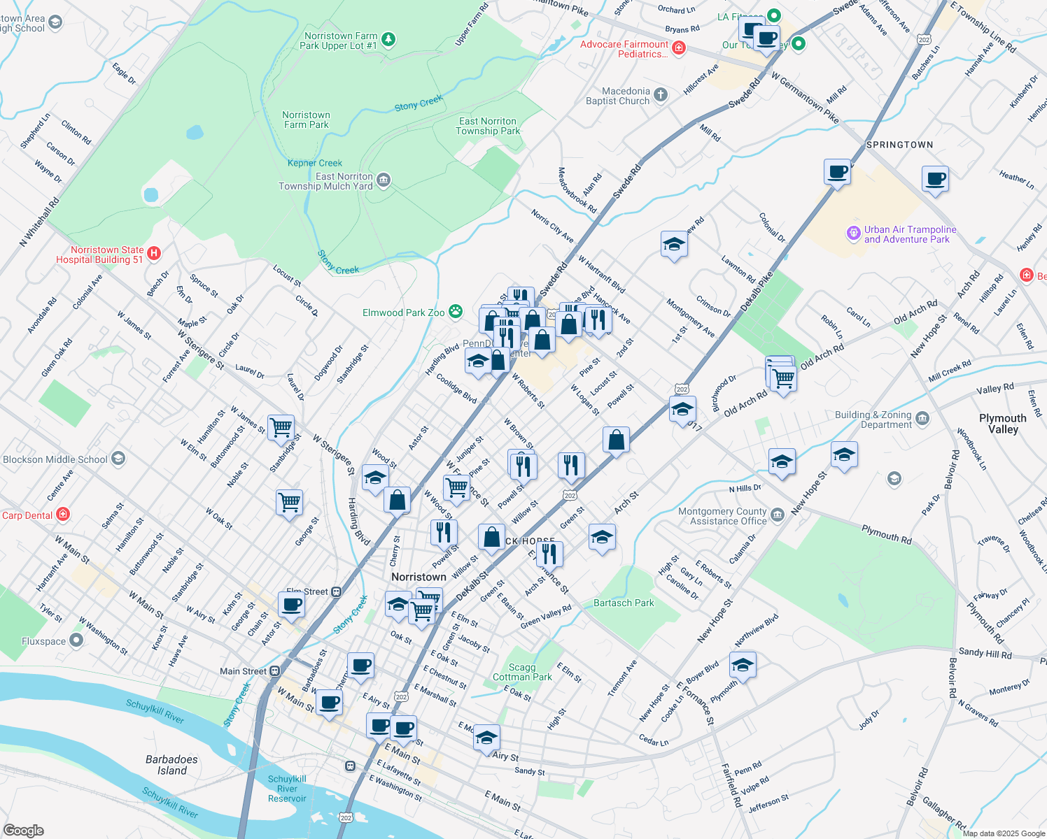map of restaurants, bars, coffee shops, grocery stores, and more near 1613 Pine Street in Norristown