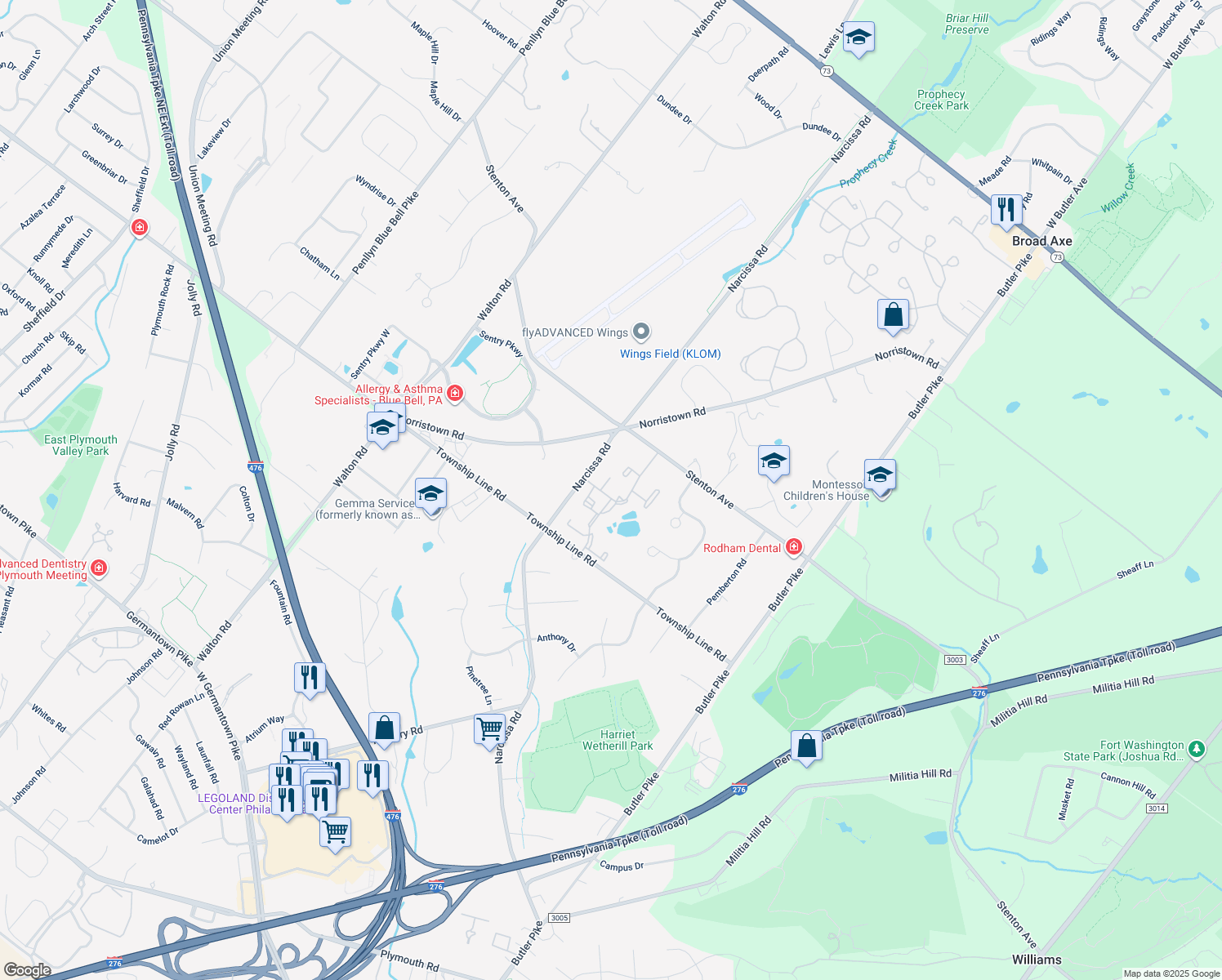 map of restaurants, bars, coffee shops, grocery stores, and more near 11 Wingate Court in Blue Bell