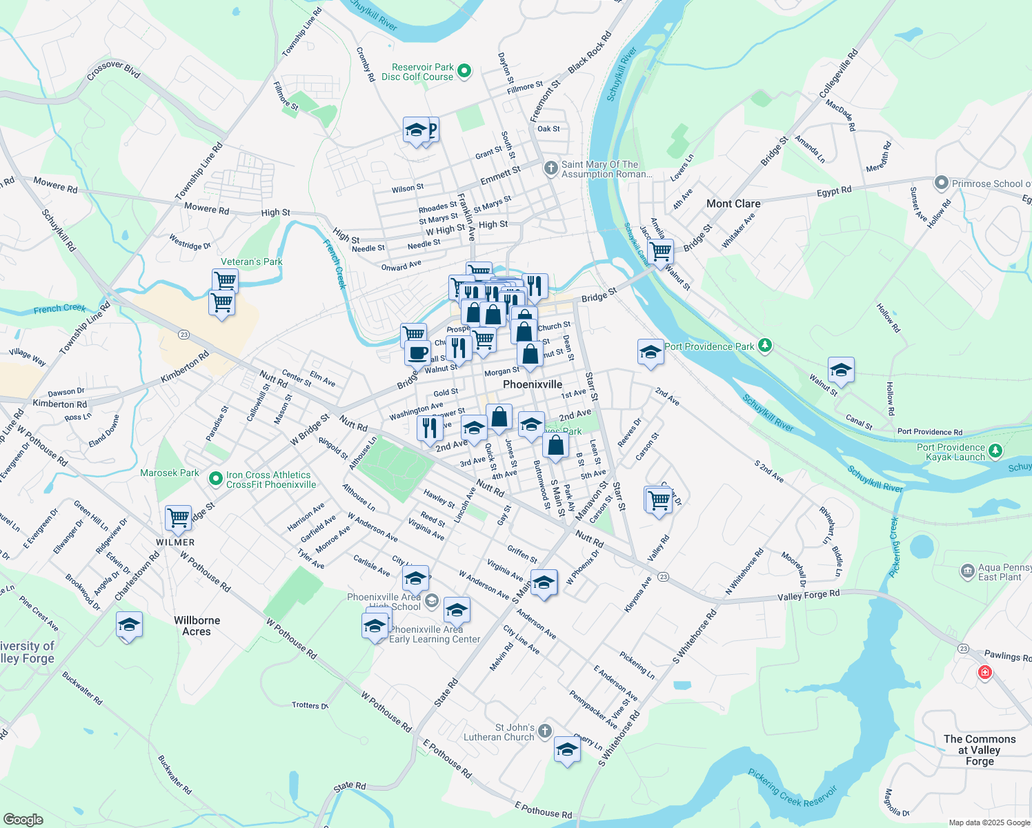 map of restaurants, bars, coffee shops, grocery stores, and more near 230 1st Ave in Phoenixville