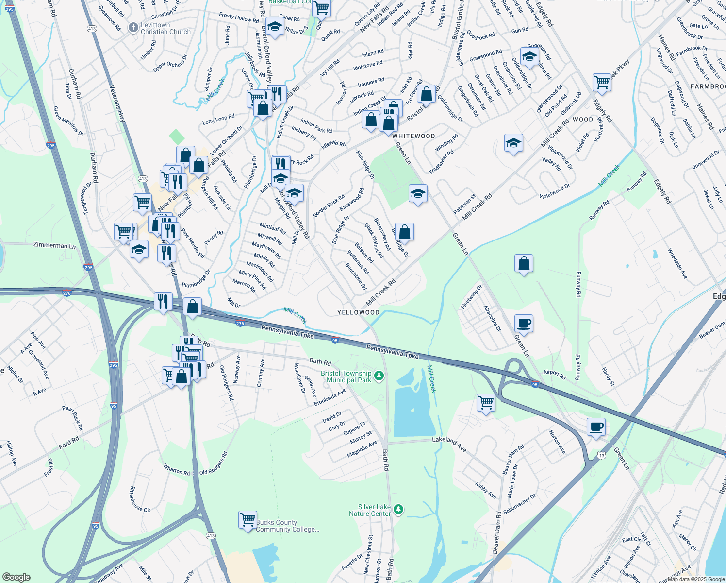 map of restaurants, bars, coffee shops, grocery stores, and more near 229 Blue Ridge Drive in Levittown