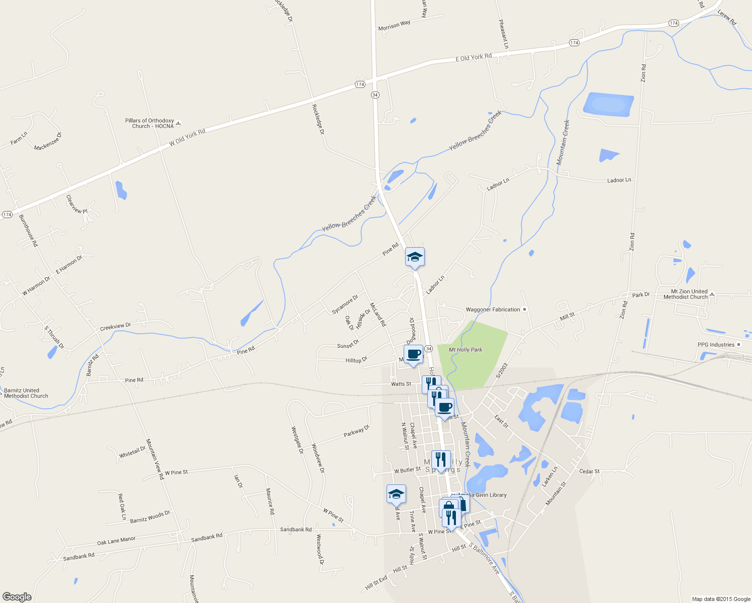 map of restaurants, bars, coffee shops, grocery stores, and more near 206 McLand Road in Mount Holly Springs