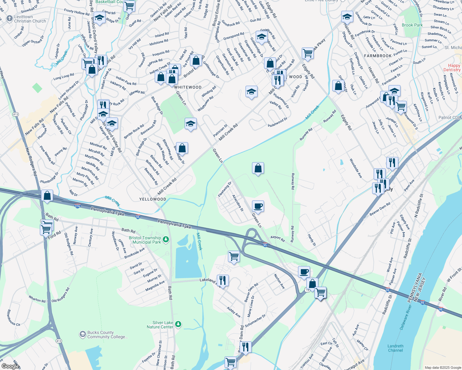 map of restaurants, bars, coffee shops, grocery stores, and more near 5806 Fleetwing Drive in Levittown