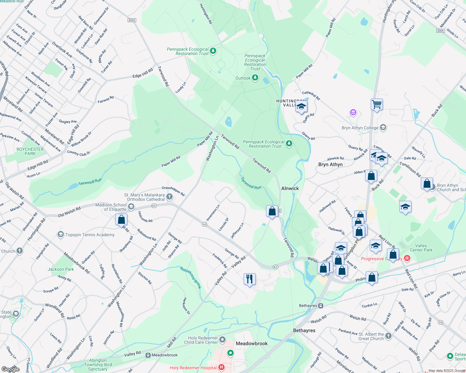 map of restaurants, bars, coffee shops, grocery stores, and more near 2322 Deer Path Rd in Huntingdon Valley