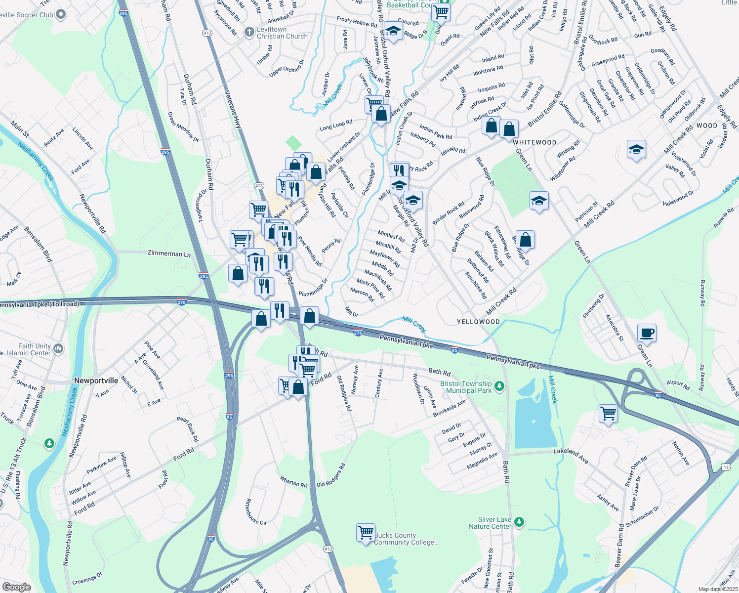 map of restaurants, bars, coffee shops, grocery stores, and more near 18 Maroon Road in Levittown