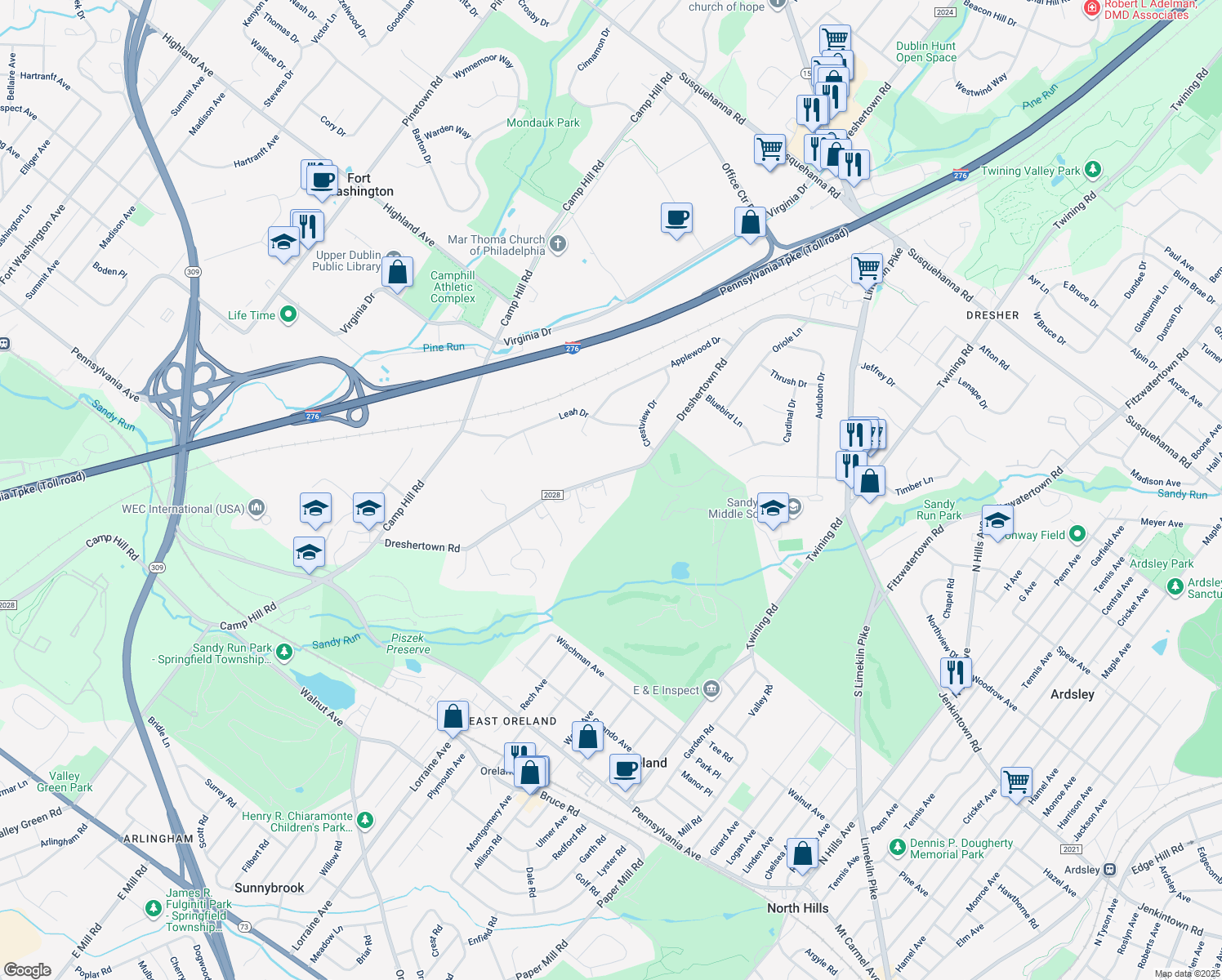 map of restaurants, bars, coffee shops, grocery stores, and more near 465 Dreshertown Road in Fort Washington