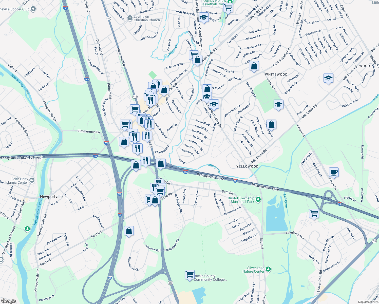 map of restaurants, bars, coffee shops, grocery stores, and more near 35 Maroon Road in Levittown