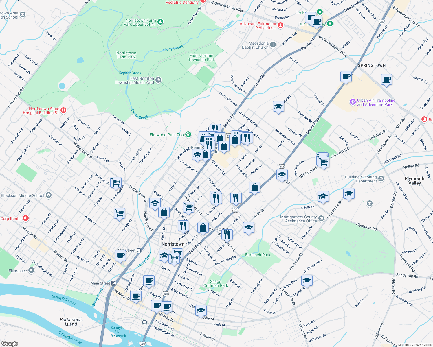 map of restaurants, bars, coffee shops, grocery stores, and more near 1612 Juniper St in Norristown