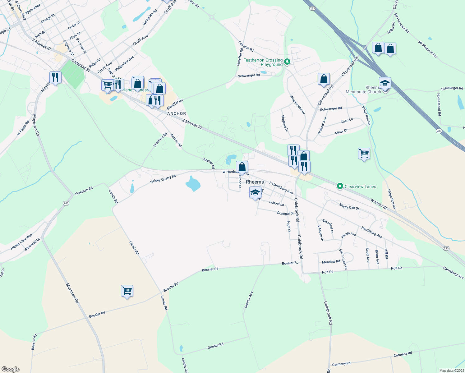 map of restaurants, bars, coffee shops, grocery stores, and more near 142 Heisey Avenue in Elizabethtown