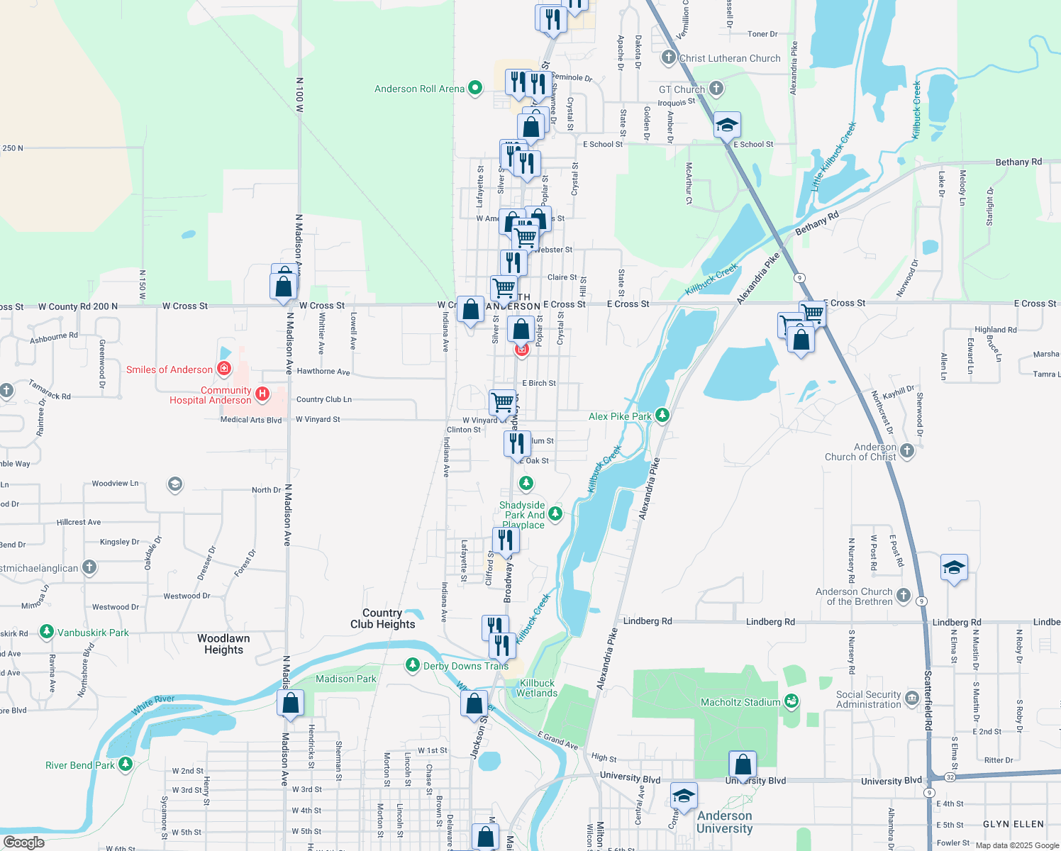 map of restaurants, bars, coffee shops, grocery stores, and more near 25 East Vinyard Street in Anderson